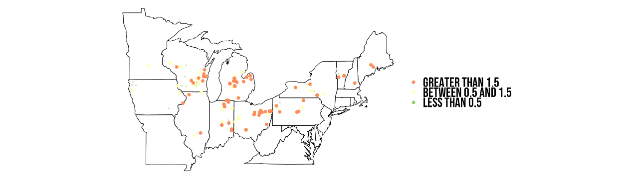 Map of eastern and midwestern US location and levels of DON, as seen from Rock River Laboratory's database